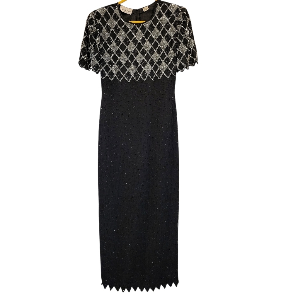 Vintage Laurence Kazar Silk Black Silver Beaded Sequined Full Length Gown Dress